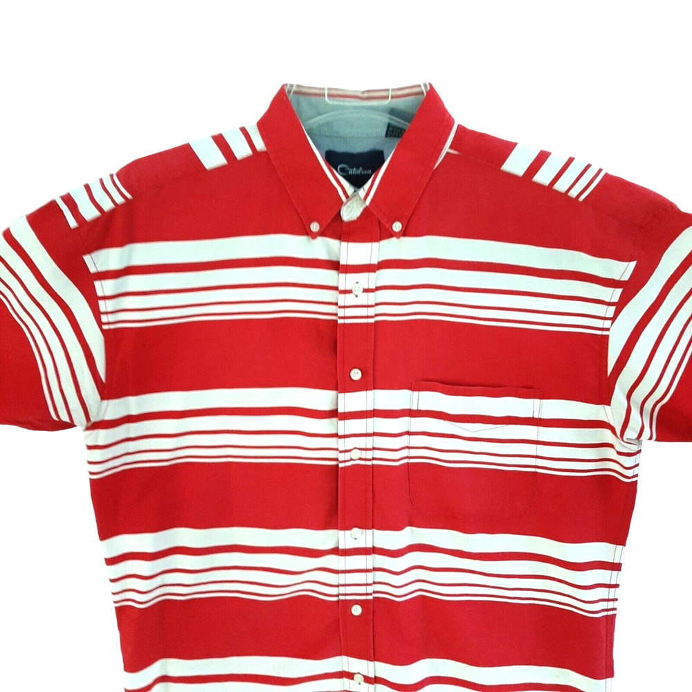 Catalina Vtg Wide Striped Mens Button Down Shirt Size Large Patriotic Red White - Picture 2 of 4